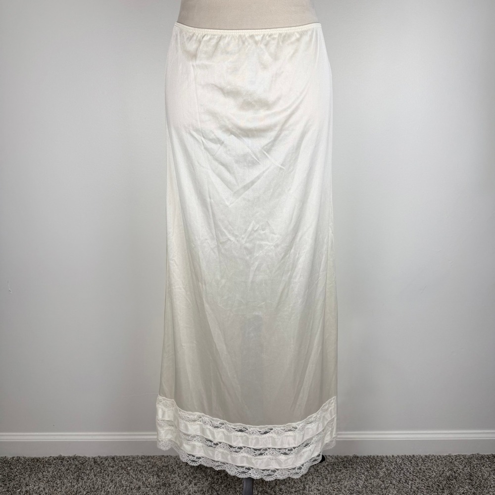Vintage 70's Movie Star Ivory Nylon Maxi Slip Skirt Lace Trim Made in USA Sz Sm